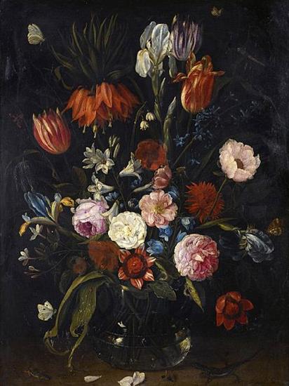 Jan Van Kessel the Younger A still life of tulips, a crown imperial, snowdrops, lilies, irises, roses and other flowers in a glass vase with a lizard, butterflies, a dragonfly a oil painting image